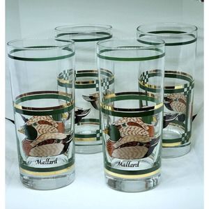 Vintage Libbey Life Styles Mallard Ducks 22Kt. Gold Mid Century Bar/Tumblers (4)